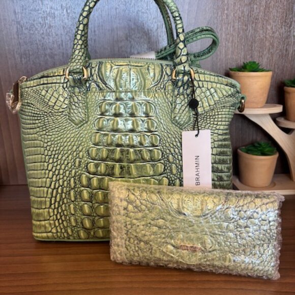 NWT BRAHMIN AGAVE METALLIC MEDIUM DUXBURY LEATHER DOME SATCHEL HANDBAG & WALLET - Picture 8 of 10